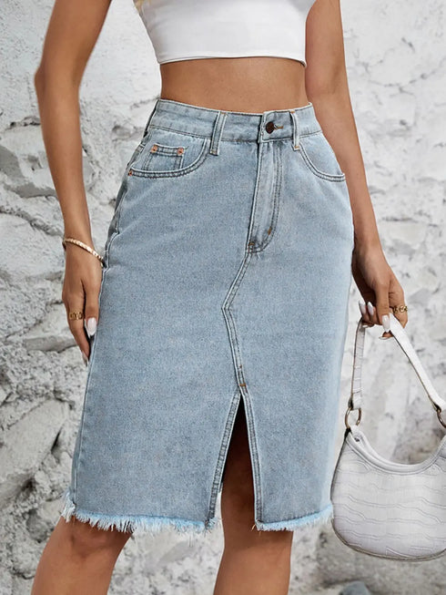 'Khaleesi' Raw Hem Slit Denim Skirt - Celes Fashion